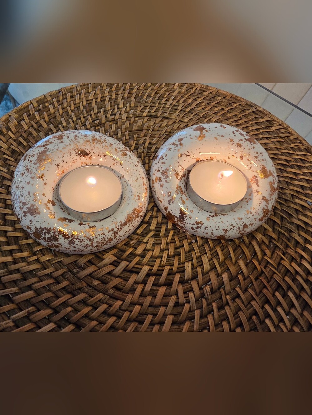 Handmade TWO White and Gold Speckled Plaster candle tea light  holder 3.7" dia